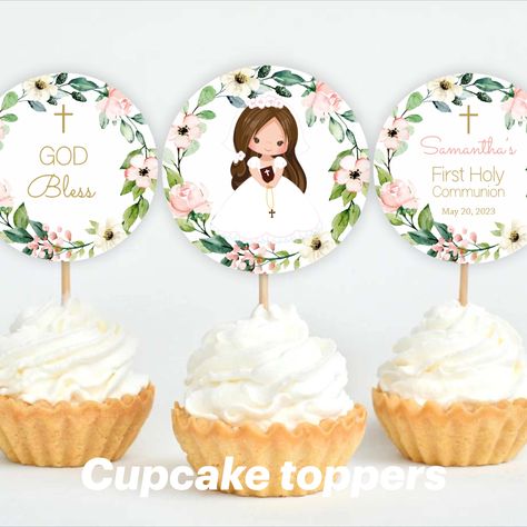 PRINTABLE CUPCAKE TOPPERS Printable Cupcake Toppers, First Communion Decorations, Communion Decorations, First Communion Party, First Communion Invitations, Girl Cupcakes, Communion Cakes, 1st Communion, Cupcake Toppers Printable