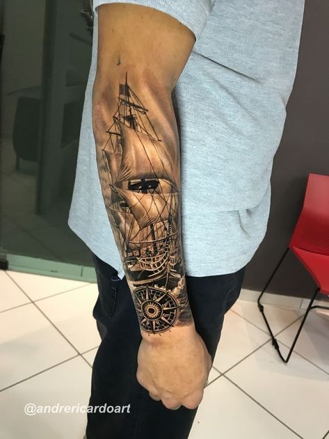 Ship Forearm Tattoo Men, Nautical Knee Tattoo, Ship Arm Tattoo, Boat Tattoo Men, Ship Tattoos For Men, Ship Tattoo Sleeves, Calf Tattoo Ideas, Nautical Tattoo Sleeve, Men's Tattoos