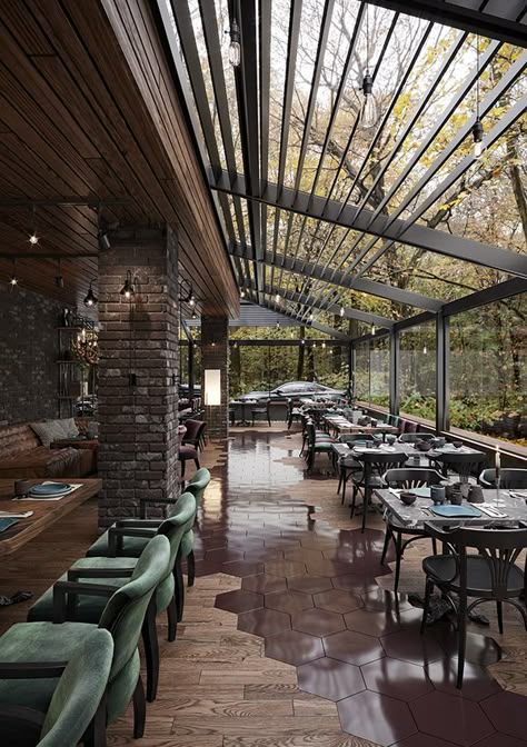 Mountain Restaurant Architecture, Mountain Restaurant Interior Design, Chalet Restaurant Design, Mountain Bar Design, Mountain Cafe Design, Mountain Restaurant Design, Restaurant Architecture Exterior, Restaurant Outside Seating, Cozy Restaurant Design