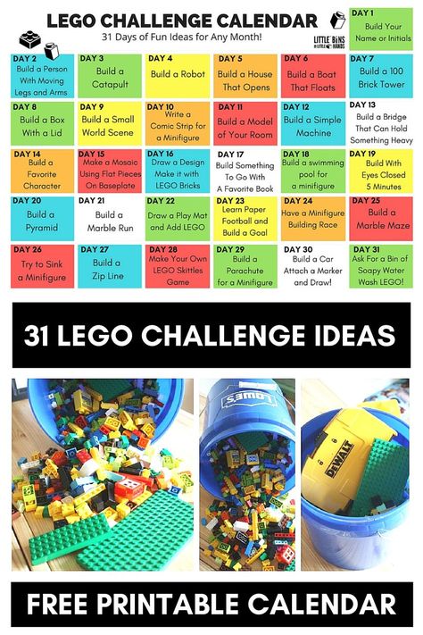 Printable LEGO Challenge Calendar Ideas - this is an awesome resource for creating passive (and not so passive) challenges for a LEGO area in a makerspace. Lego Challenges For Kids, Summer Stem Activities, Challenges Ideas, Challenges For Kids, Lego Therapy, Challenge Calendar, Printable Lego, Summer Stem, Lego Challenge