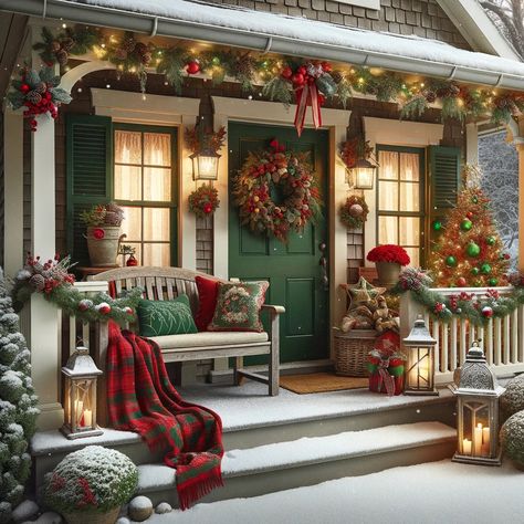 Step into a winter wonderland with this enchanting image of a cottage front porch, beautifully decorated for Christmas. The porch exudes a festive charm with traditional green and red accents, including a gorgeous wreath adorning the front door and garlands gracefully draped along the railings. A rustic wooden bench, adorned with cozy red and green cushions and a warm festive throw, invites you to sit and soak in the holiday spirit. The decor is elegantly accented with natural elements like pinecones and holly berries. A classic, twinkling Christmas tree stands at the corner, creating a magical atmosphere. Completing this picturesque scene are festive lanterns and candles, casting a soft, welcoming glow, and a gentle snowfall adds to the serene winter beauty. Perfect for those seeking holi Cozy Christmas Front Porch, Cozy Christmas Porch, Christmas Porch Ideas Outdoor, Christmas Decor Outside Porch, Rustic Christmas Front Porch, Christmas Bench, Outside House Decor, Front Porch Ideas Christmas, Fall Porch Ideas