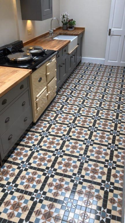 Hexagon Tile Kitchen Floor, Hexagon Tile Kitchen, Wet Room Flooring, Hall Decoration, Kitchen Ceramic, Narrow Hallway Decorating, Hexagon Tile, Victorian Interior, Victorian Kitchen