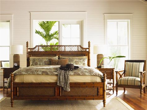 Transform your bedroom into a soulful retreat with the West Indies Bed. A delightful blend of island inspired materials and textures, this bed features a leather wrapped rattan headboard and footboard. Featuring both high and low carved bamboo posts, this bed creates a dramatic island flair. Drape the metal canopy frame with a billowy fabric and add a playful dose of exotic island fun to your bedroom! The West Indies Bed is ready to envelop you in luxurious comfort after a long day. Tropical Bedroom Furniture, British Colonial Furniture, Tropical Furniture, British Colonial Decor, Tropical Bedrooms, Tommy Bahama Home, Colonial Furniture, Lexington Home, Bedroom Panel