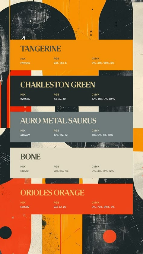 Colors:
F39005
222A2A
6D7A79
E1D9C1
ED4319 Color Combos Graphic Design, Advertising Color Palette, Graphic Color Palette, Newspaper Color Palette, Dieselpunk Color Palette, Real Estate Color Palette, Color Palette Design Colour Schemes, Retro Poster Color Palette, Car Color Palette