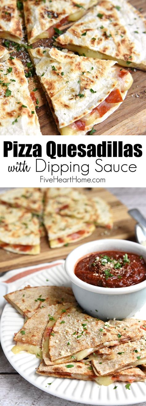 Pizza Quesadillas with Dipping Sauce ~ cheesy, melty quesadillas are stuffed with mozzarella and pepperoni and dipped in a flavorful, herb-infused, homemade pizza sauce for a fun, quick, and easy lunch idea! | FiveHeartHome.com Pepperoni Quesadilla, Pizzadilla Recipe, Quesadillas Recipes, Pizza Quesadillas, Tortilla Pizzas, Pizza Wrap, Pizza Quesadilla, Italian Meals, Cooking Mama