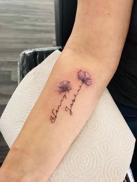 Purple poppies and name stems Poppy Tattoo With Name In Stem, Twin Mama Tattoo, Tattoo For Daughter Name, Twin Name Tattoo Ideas, Name In Stem Of Flower Tattoo, Name Stem Flower Tattoo, Purple Poppy Tattoo, Twin Baby Tattoos For Moms, Flower Tattoos With Names Stems