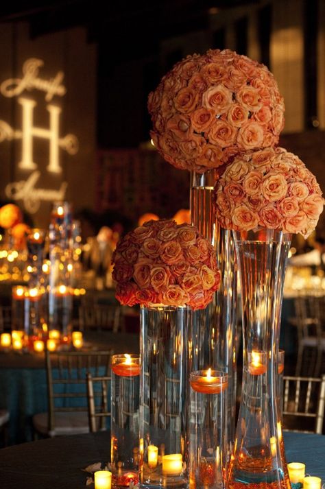 Burnt Orange Wedding Centerpieces, Orange Wedding Centerpieces, Candles And Flowers, Event Centerpieces, Wedding Ambiance, Burnt Orange Weddings, Event Centerpiece, Tall Centerpieces, Tennessee Wedding