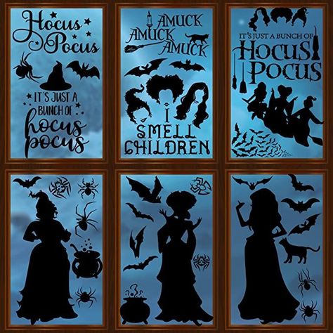 You will get 8 sheets of hocus pocus window stickers. Each sheet has different patterns including witch hair, three witch sisters, witches on the broom, black cats, spiders, bats, cauldron and so on. Great hocus pocus window decorations for you. Fall Window Decorations, Hocus Pocus Decorations, Halloween Window Silhouettes, Witch Sisters, Halloween Window Clings, Halloween Window Decorations, Hocus Pocus Halloween, Halloween Hocus Pocus, Haunted House Party