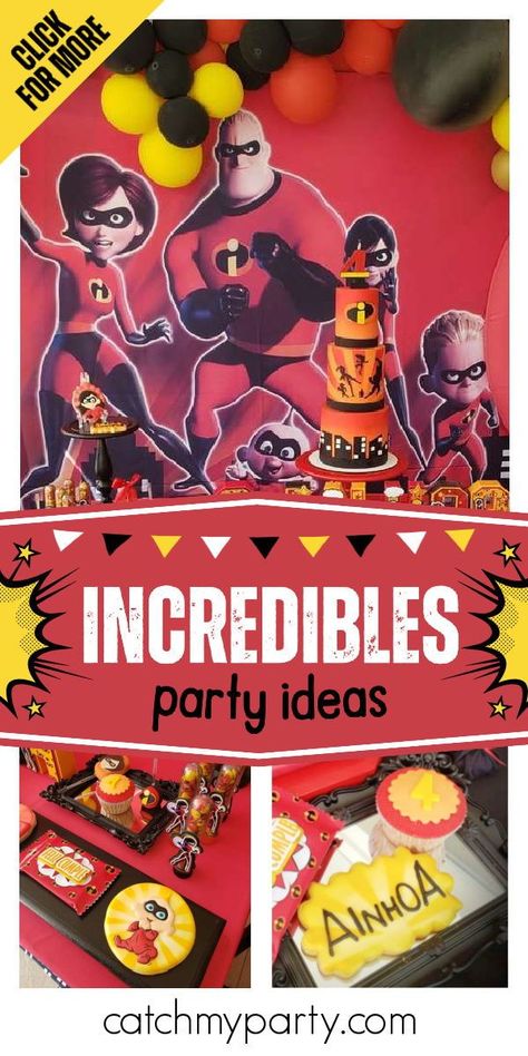 Check out this fun Incredibles party!! The cake is a blast! See more party ideas and share yours at CatchMyParty.com The Incredibles Birthday Party, Incredibles Party, Incredibles Birthday Party, Superhero Birthday Cake, Birthday Drinks, Birthday Party Activities, Superhero Party, Themed Birthday Party, Party Activities