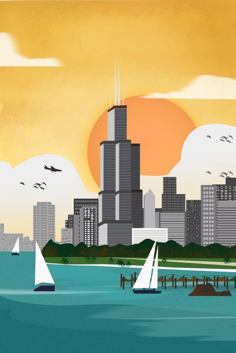 Chicago City Skyline, Scenery Illustration, New York Statue, City Posters Design, Chicago Poster, Building Illustration, Font Illustration, Chicago City, Graphic Design Background Templates