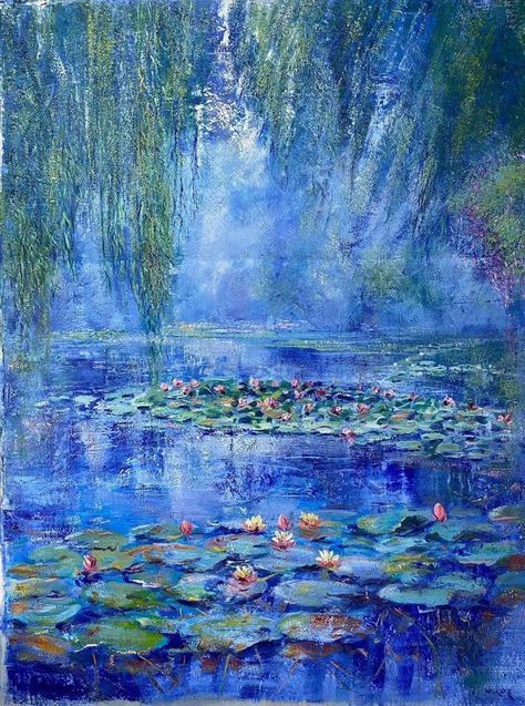 Monet Blue Paintings, Monet Paintings Aesthetic, Claude Monet Aesthetic, Monet Inspired Art, Blue Impressionism, Monet Lilies, Water Lilies Painting, Piskel Art, Claude Monet Paintings