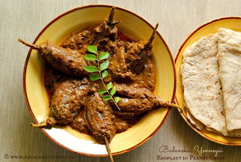 Badanekai Yennegai ~ North Karnataka Style Eggplant in Peanut Curry | Ruchik Randhap Karnataka Food, Vegetarian Food List, Peanut Curry, Lent Recipes, Eggplant Dishes, Vegan Yogurt, Ancient Grains, Indian Curry, Grated Coconut