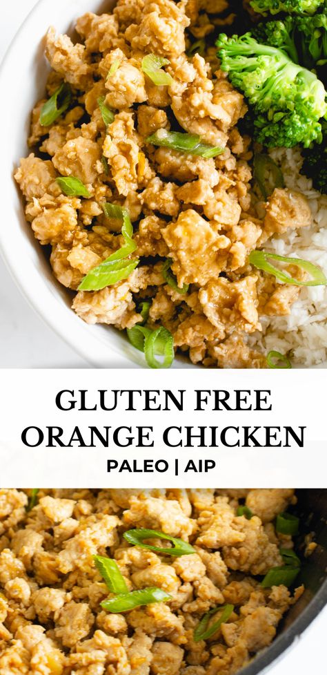 This Gluten Free Orange Chicken is paleo, AIP, and so good! This recipe uses ground chicken which is tossed in a delightfully tangy and sweet orange sauce that comes together in 20 minutes for an easy, quick and delicious meal. #healmedelicious #aip #aiprecipes #paleo #paleorecipes #autoimmunedisease #aipdiet #autoimmunepaleo #aipprotocol #dinnerideas #easydinnerrecipes #chickenrecipes #orangechicken #groundchicken Gluten Free Orange Chicken, Autoimmune Diet Recipes, Aip Diet Recipes, Aip Breakfast, Autoimmune Paleo Recipes, Whole30 Dinner Recipes, Aip Paleo Recipes, Paleo Main Dishes, Paleo Meals