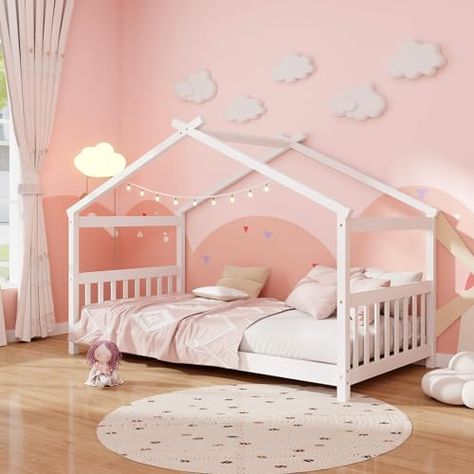 Giantex Twin Bed Frame, Kids Low House Bed with Roof, Headboard and Footboard, Montessori Bed, No Box Spring Needed, Wood Floor Bed Frame for Kids Teens Girls Boys (White) Single Bed Kids, Bed Frame For Kids, Bed Frame Single, Floor Bed Frame, Bed Kids, Montessori Bed, Twin Bed Frame, Floor Bed, House Bed