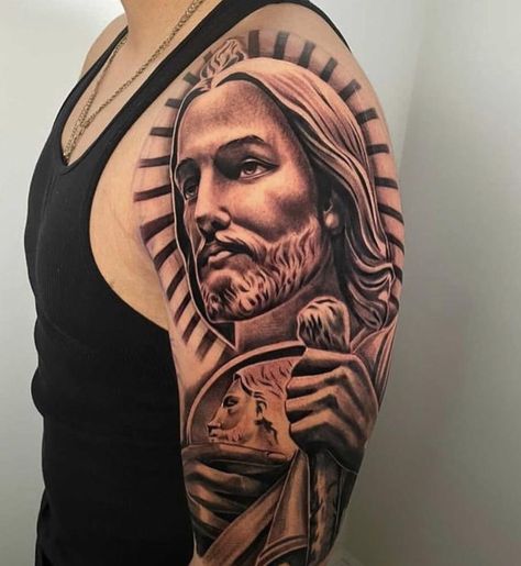 San Judas Tattoo Design, San Judas Tattoo, San Judas Tadeo Tattoo, St Jude Prayer, St Judas, Chicano Lettering, Tattoo Back, Neck Tattoo For Guys, Simple Tattoo