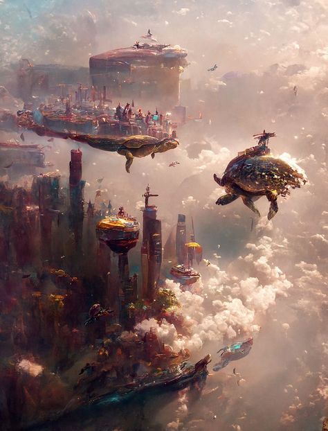 AI Painting Future City Fantasy Scenarios, Flying City, Sister Art, Scifi City, Maxence Danet, Fairy Butterfly, Alternate Reality, Cloud City, Elemental Magic