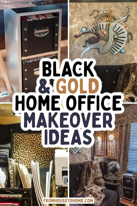 Black And Gold Small Home Office Library | Decorating Ideas For The Home Small Home Office Library, Black And Gold Office, Diy Glam Decor, Design Color Trends, Home Office Makeover, Faux Tin Ceiling Tiles, Cozy Library, Sewing Room Storage, Home Office Library