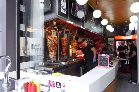 Shawarma Store Design, Shawarma Restaurant Design, Shawarma Shop Design, Greek Food Gyros, Restaurant Snap, Kebab Shop, Restaurant Kitchen Design, Small Restaurant Design, Greek Gyros