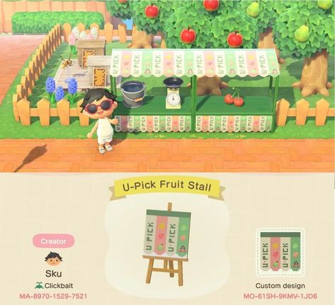 Acnh Farm Stall, Acnh Produce Stall, Acnh Stall Custom Design Farmers Market, Animal Crossing Orchard Signs, Acnh Farmcore, Acnh Farm, Fruits In Season, Orchard Design, Stall Design