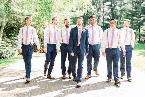 groomsmen with navy pants, brown suspenders, and pink tie | groomsmen pose ideas |  Mauve and navy backyard wedding in Midland Michigan | Wedding pictures at Dow Gardens in Midland Michigan | Light pink and navy wedding ideas | Gigi Boucher Photography | Iowa wedding photographer Groom Suspenders And Tie, Tie And Suspenders Wedding, Light Pink And Navy Wedding, Navy Wedding Ideas, Navy Groomsmen Suits, Pink And Navy Wedding, Beach Wedding Pics, Midland Michigan, Groomsmen Poses