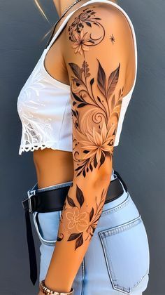 Peacock Arm Tattoo Half Sleeves, Upper Thigh Sleeve Tattoo Women, Arm Shoulder Tattoos For Women, Henna Designs Arm Sleeve, Small Leg Tats, Lydia Tattoo, Jasmine Tattoo, Tattoo Generator, Henna Tattoo Designs Arm