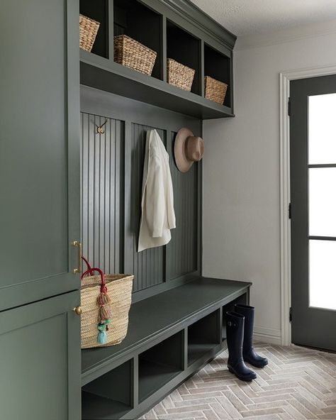 32 Mudroom Ideas - Enhance Your Home with Practical and Stylish Designs - placeideal.com Green Mudroom, Green Beadboard, Beadboard Trim, Mudroom Cabinets, Mudroom Makeover, Forest Room, Green Laundry, Bench Mudroom, Mudroom Entryway