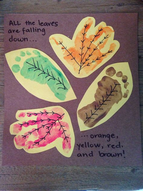 Fall leaves- baby handprints and footprints Fall Leaves Crafts For Infants, Fall Crafts For 11 Month Old, Leaves Activities For Infants, Footprint Leaves Craft, Fall Infant Sensory Activities, Fall Leaves Infant Art, Leaf Infant Art, Fall Harvest Infant Art, October Footprint Crafts