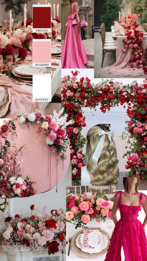 Red and pink Hot Pink Wedding Color Scheme, Pink And Red Color Palette Wedding, Red Blush White Wedding, Valentines Day Wedding Colors, Wedding Colors Light Pink, Red And Pink Winter Wedding, Spring 2026 Wedding, Burgundy And Pink Wedding Theme, Dusty Red Aesthetic