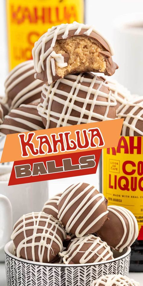 Kahlua Balls Kahlua Cookies, Kahlua Balls, Boozy Cheesecake, Kahlua Truffles, Kahlua Fudge, Kahlua Cheesecake, 2024 Cookies, Kahlua Recipes, Alcoholic Desserts