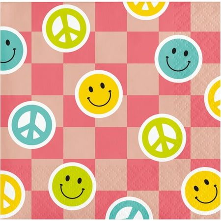 Set a cheerful party table when you use these Flower Power Beverage Napkins at your next celebration. Featuring pink checkered background with light blue, green, and yellow smiley face and peace sign designs, these napkins are the sure to have guests grinning. They're made of tissue paper for easy clean-up so you can focus on the fun. Measuring 5" and sold in packs of 48, these napkins can be paired with any other Flower Power birthday party supplies for a festive look. Color: Multicolor. Flower Power Birthday, Flower Power Party, Rainbow Party Supplies, Hippie Party, Kids Themed Birthday Parties, Birthday Napkins, Kids Birthday Themes, Beverage Napkins, Retro Party