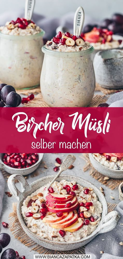 Dieses einfache Apfel-Zimt Bircher Müsli Rezept ist nicht nur schnell selbst gemacht, sondern auch vegan und sehr lecker! Genieße die harmonische Schweizer Porridge Mischung aus Haferflocken, frischem Obst und Joghurt als Snack oder zum Frühstück für einen gesunden Start in den Tag! Bircher Muesli, Porridge Oats, Vegan Breakfast, Overnight Oats, Going Vegan, Granola, Healthy Breakfast, Oatmeal, Low Carb