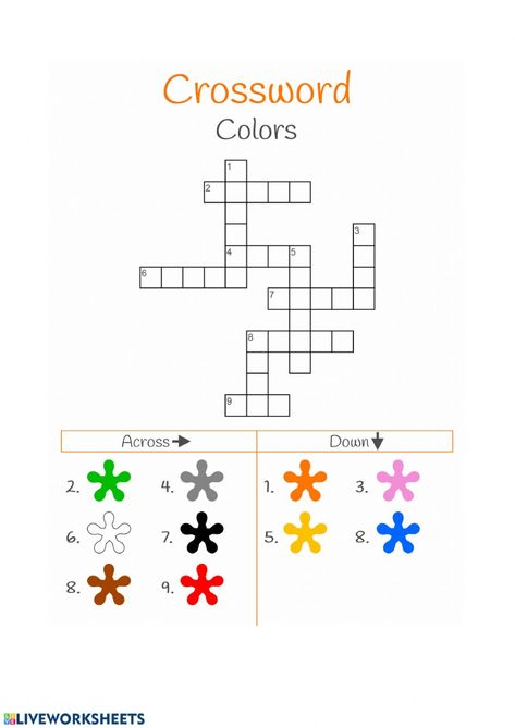 Crossword colours - Ficha interactiva Colours In English Worksheet, Learning Colours Worksheets, English Colours, Color In English, Colours For Kids Worksheet, Colours Activities For Kids, Colour Worksheet, Colours Worksheet For Kids, Colors Worksheets For Kids