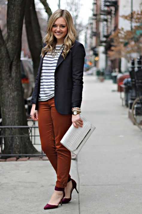 Navy, Stripes, Rust Orange, and a Pop of Burgundy Sienna Pants Outfit, Colored Dress Pants Outfit, How To Style Rust Colored Pants, Rust Paperbag Pants Outfit, Rust Dress Pants Outfit, Rust Colored Jeans Outfit, Rust Coloured Pants Outfit, Outfit With Rust Colored Pants, Rust Colored Corduroy Pants Outfit