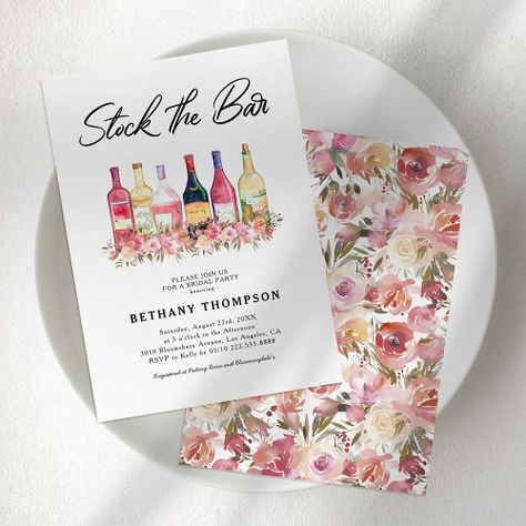 $1.90 | Stock the Bar Floral Bridal Party Invitation | Bachelorette Party Invitations | stock the bar, bachelorette party invitations, bridal party, hen night, watercolor pink floral, engagement party, booze shower, couples shower, wine party, bring a bottle party Bar Bachelorette Party, Floral Bridal Party, Elegant Bridal Party, Wine Bridal Shower Invitations, Bridal Party Invitations, Bridal Shower Wine, Party Template, Bachelorette Party Invitations, Wine Parties