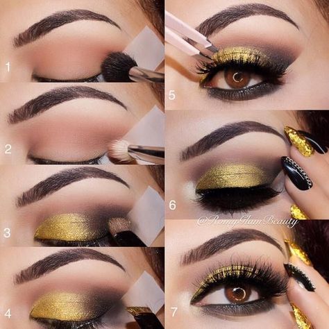 Black And Gold Eyeshadow Looks, Black And Gold Eyeshadow, Eyeshadow Looks Step By Step, Gold Eyeshadow Looks, Eyeshadow Step By Step, Wedding Eyes, Makeup Pictorial, Smokey Eyeshadow, Black Eyeshadow