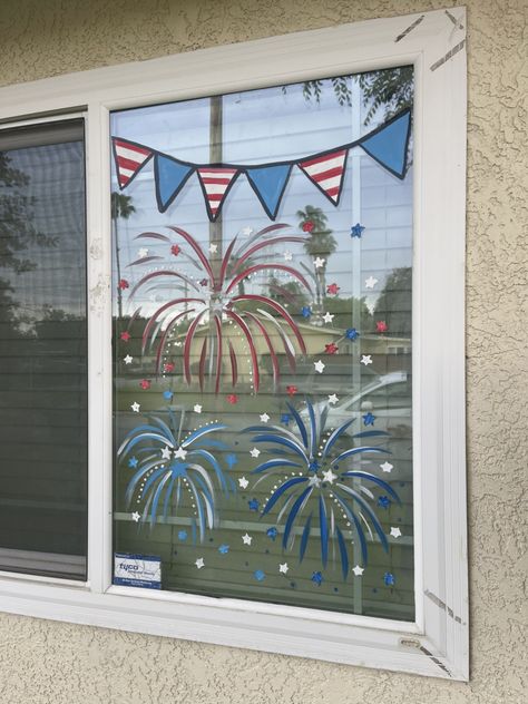 Painted Store Windows Christmas, April Window Art, Fourth Of July Window Art, Coffee Window Art, 4th Of July Window Art, Spring Window Art Ideas, Window Painting Summer, Patriotic Window Painting, Memorial Day Window Painting