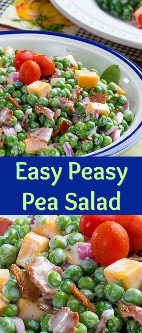 This Easy Peasy Pea Salad is the pea salad to end all pea salad recipes! Fresh pop in your mouth peas, mixed with crispy bacon, rich cheddar, and a creamy sauce.  This simple Southern pea salad is perfect as an Easter recipe, or any time of year. We know you'll love this Easy Peasy Pea Salad as much as we do! Best Pea Salad Ever, Easy Pea Salad Simple, Low Calorie Pea Salad Recipes, Pea Shoots Recipe Salad, Cheak Peas Salad, Pea Salad Recipes, Pea Salad, Side Dishes Recipes, Pasta Salad Recipes