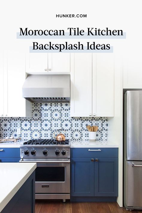 For a head-turning backsplash that will instantly add global flair to your culinary headquarters, look no further than these six Moroccan tile backsplash ideas. #hunkerhome #moroccan #moroccantile #backsplash #backsplashideas #kitchenbacksplash Moraccon Theme Tiles Kitchen, Moroccan Kitchen Backsplash, Moroccan Tiles Kitchen Backsplash, Tile Backsplash Kitchen Ideas, Moroccan Kitchen Design, Moroccan Tiles Kitchen, Moroccan Style Kitchen, Moroccan Backsplash, Moroccan Tile Backsplash