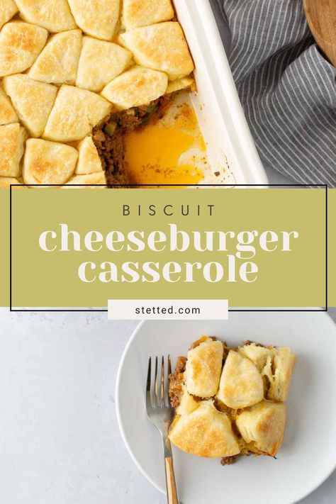 This cheeseburger casserole is one you’re sure to return to again and again. It's with seasoned beef and all the flavors of your favorite burger! https://www.stetted.com/cheeseburger-casserole/ Cheese Burger Casserole, Burger Casserole, Cheddar Cheese Biscuits, Cheeseburger Casserole Recipe, Pumpkin Spice Treats, Homemade Buttermilk Biscuits, Flavorful Dinner, Breakfast Appetizers, Flaky Biscuits