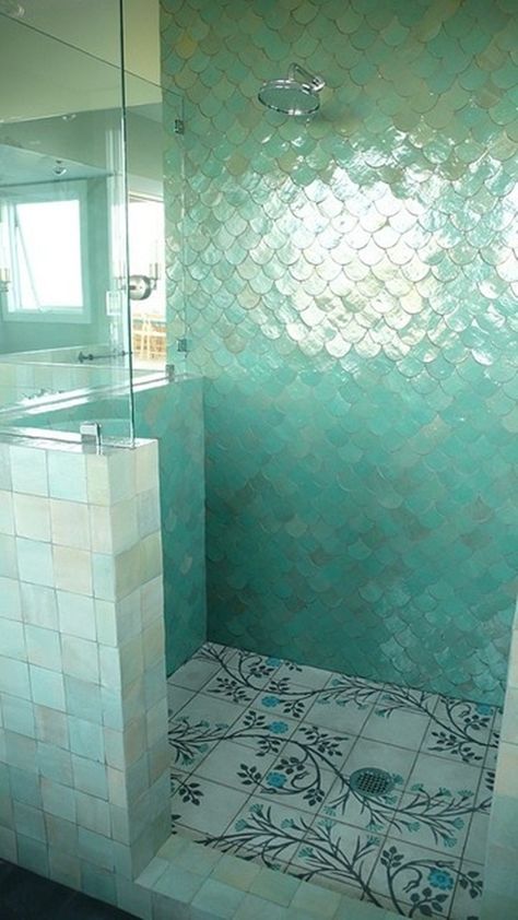 Wc Decoration, Mermaid Tile, Mermaid Bathroom Decor, Fish Scale Tile, Mermaid Bathroom, Small Remodel, Room Tiles, Bathroom Shower Tile, Shower Tile Designs