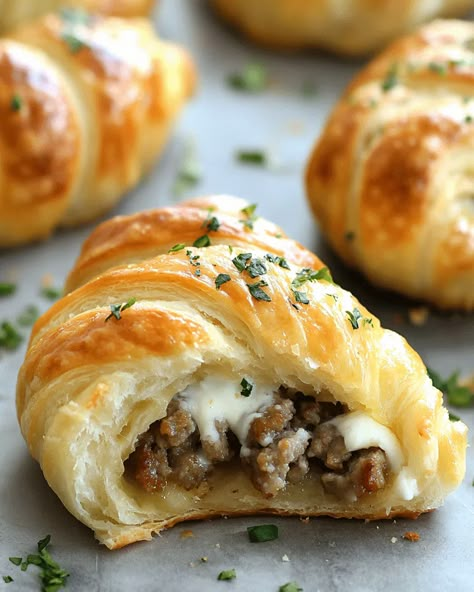 Sausage Cream Cheese Crescents – Easy Flaky Snack Recipe Sausage Cream Cheese Crescents Recipe, Baked Sausage Cream Cheese Crescents, Crescent Roll Recipes Appetizers, Sausage Cream Cheese Crescent Rolls, Sausage Cream Cheese Crescents, Sausage Crescent Rolls, Sausage Crescents, Sausage Puffs, Sausage Cream Cheese