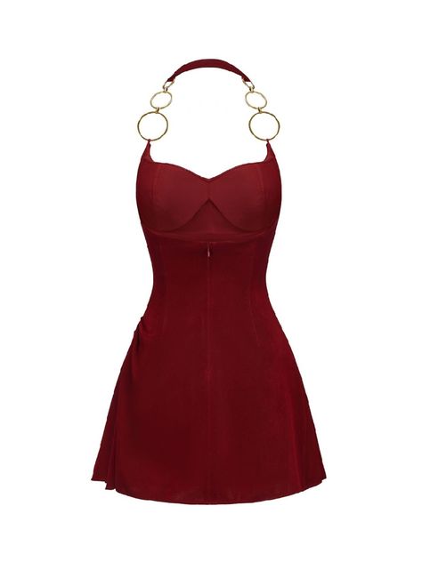 This eye-catching dress dares to dream with the fine straps and gold ring details This red halter dress is both cleverly designed and practical, featuring a built-in breast pad for added convenience and comfort, allowing for direct wear without additional undergarments. The A-line skirt cinches at the waist, accentuating curves and adding a charming, playful flair. The gradient metal ring halter lends a unique decorative effect, resembling a shooting star in the night sky. The design ensures com Cute Red Dresses Casual, Red Clothes Aesthetic, Red Formal Dress Short, Red Club Outfit, Unique Dresses Casual, Red Short Dress, One Piece Style, Red Halter Dress, Ring Halter