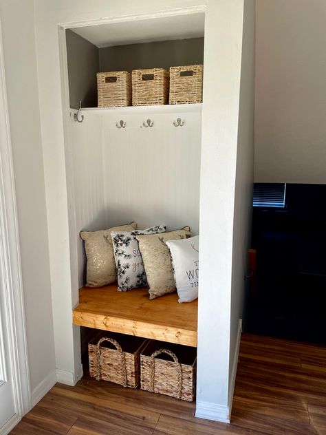 Hall Closet Converted To Mud Room, Open Closet Ideas Hallways, Closet Remodel Entryway, Small Coat Closet Turned Mudroom, Tiny Closet Mudroom, Laundry Mud Room Closet, Open Small Closet Ideas, Tiny Mud Room Ideas Entryway, Small Farm Door