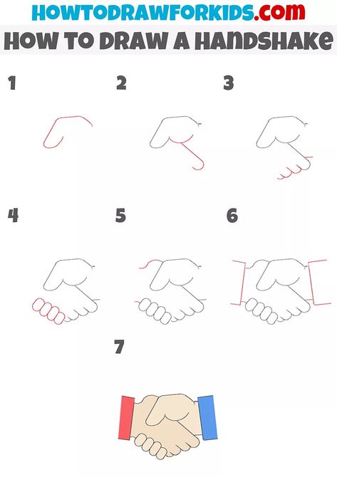 How to Draw a Handshake - Easy Drawing Tutorial For Kids Handshake Drawing Easy, How To Draw A Hand Step By Step, Handshake Reference, Anime Handshake, Handshake Drawing, Shaking Hands Drawing, Draw Anatomy, Elementary Drawing, Dresses Art