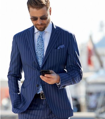 Boggi blue pinstripe suit Blue Striped Suit, Men Suits Blue, Blue Pinstripe Suit, Beach Wedding Suits, Formal Suits Men, Striped Suit, Winter Suits, Look Formal, Wedding Suits Groom