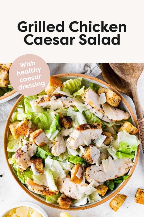 This grilled chicken caesar salad combines crisp romaine, marinated grilled chicken and homemade sourdough croutons all tossed in a creamy, healthy caesar dressing. Healthy Caesar Dressing, Sourdough Croutons, Grilled Chicken Caesar, Chicken Caesar Salad Recipe, Salads For Kids, Grilled Chicken Caesar Salad, Salad Inspiration, Dinner Rotation, Salads Recipes