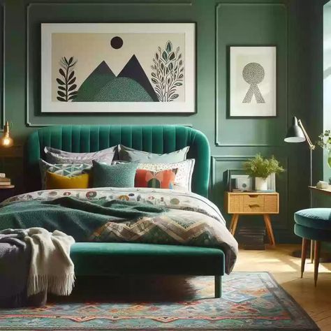 27 Emerald and Dark Green Bedroom Ideas You Must Explore | Cozy Haven Tales Green Velvet Bedroom Ideas, Green And Blue Bedroom Ideas, Green Headboard Bedroom Ideas, Dark Green Bedroom Aesthetic, Small Spare Bedroom Ideas, Green Upholstered Bed, Emerald Bedroom, Dark Green Bedroom Ideas, Emerald Room