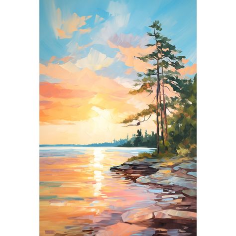 Sunrise Forest Lake Painting Neutral Landscape Wisconsin Art Print Pine Tree Large Wall Art Minimalist Travel Poster - Etsy Mountain Sunrise Painting, Lake Painting Easy, Forest Lake Painting, Lake Landscape Painting, Neutral Landscape, Wisconsin Art, Pastel Wall Art, Lake Painting, Simple Wall Art