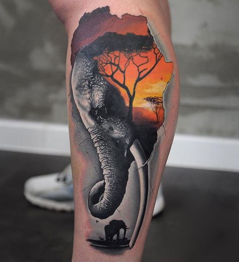 Gorgeous Elephant Tattoo and Sunset - Realistic Elephant Tattoo Designs Realistic Elephant Tattoo, Tato Phoenix, Claddagh Tattoo, Elephant Tattoo Meaning, Cute Elephant Tattoo, Africa Tattoos, Tier Tattoo, African Tattoo, Sunset Tattoos