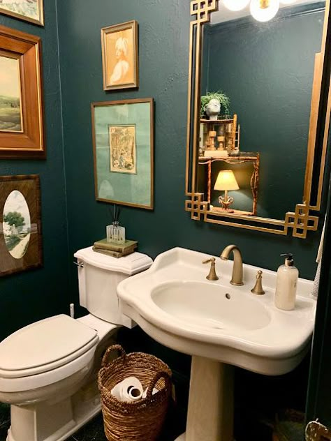 MORE BEFORE AND AFTER - design indulgence Gallery Wall Half Bath, Eclectic Half Bathroom, Moody Half Bath, Gallery Wall Decor Ideas, Eclectic Bathroom Decor, Bathroom Gallery Wall, Dorm Furniture, Shower Style, Eclectic Bathroom